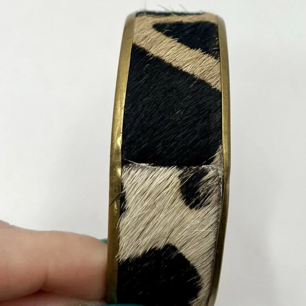 Cowhide Hair On Bangle Bracelet Gold Tone Brass Boho Western Zebra Safari Retro